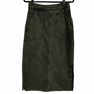 Zara Midi Frayed Green Denim Side Split Skirt XS